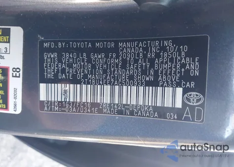 2010 Toyota Corolla Le из США, поврежденный, VIN 2T1BU4EE7AC500933